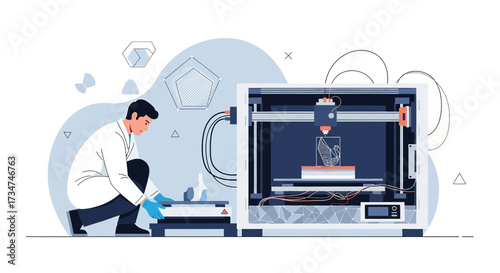 Illustration of a scientist working with a 3D printer in a modern laboratory setting conveying