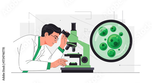 Illustration of a scientist working with a microscope examining cells in a lab setting for