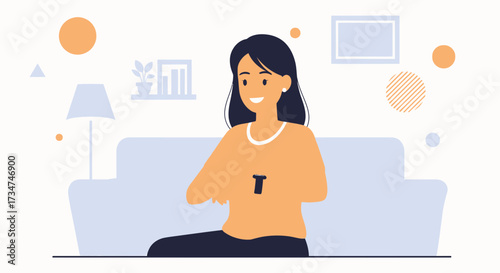 Illustration of a woman using a mobile phone while sitting on a sofa at home in a relaxed modern
