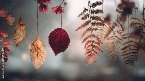   Close-up photo of hanging foliage on a wire with a nearby building in the background