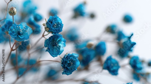   A group of blue flowers resting on a white table alongside a vase holding blue blossoms