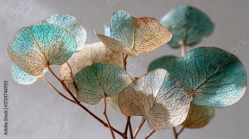   A close-up of leaves on a plant against a white wall background