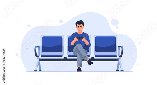 Illustration of a young man playing video games on his smartphone while waiting