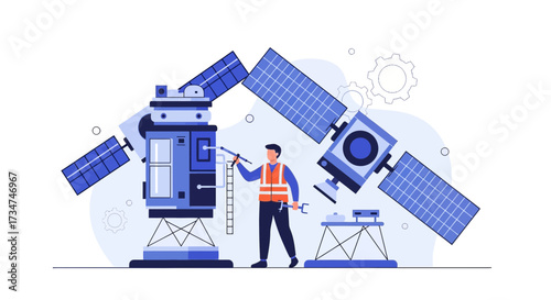 Illustration of an engineer working on a satellite with solar panels for space technology