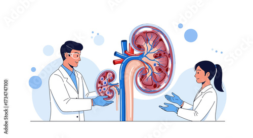 Illustration of medical professionals examining human kidney anatomy for research and educational