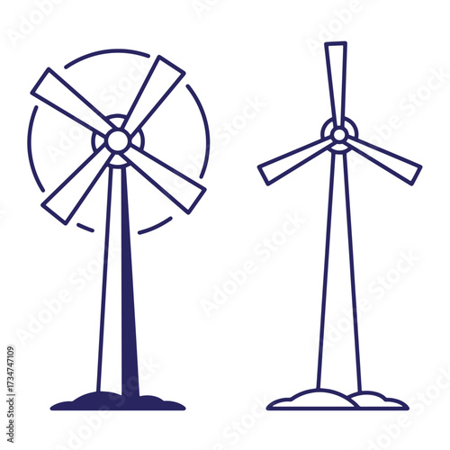 Two stylized blue wind turbines representing renewable energy and clean power sources
