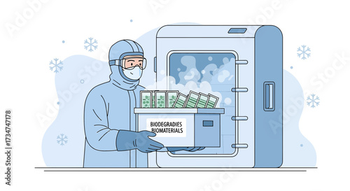 Illustration of scientist storing biodegradables biomaterials in a freezer for scientific research
