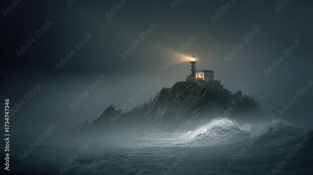Fototapeta premium A striking photo of a lonely lighthouse on steep rocks, piercing the thick fog with a beam of light, with dramatic waves crashing below, a dark romantic atmosphere 