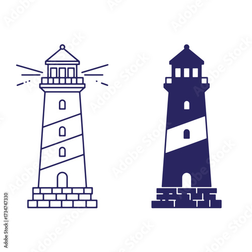 Two stylized lighthouse illustrations featuring outline and solid design on a white background