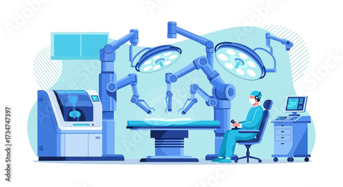 Illustration showcasing robotic surgery system with surgeon and operating table setting in sterile