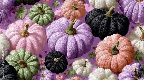  Various colored pumpkins against a purple backdrop with green, pink, purple, and white varieties