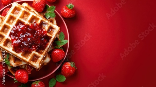 A mouthwatering plate of waffles topped with fresh strawberries and luscious jam, perfect for breakfast or a delightful treat that satisfies cravings and entices the taste buds.