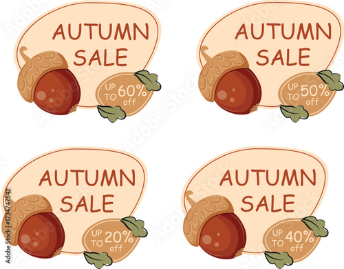 ready-made stickers for promotions or discounts for the autumn season with ripe brown acorns with various discount percentages, for shop windows, sticker packs or discount labels