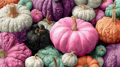   A collection of pumpkins in various hues, including pink, green, orange, and white, depicted in a painting
