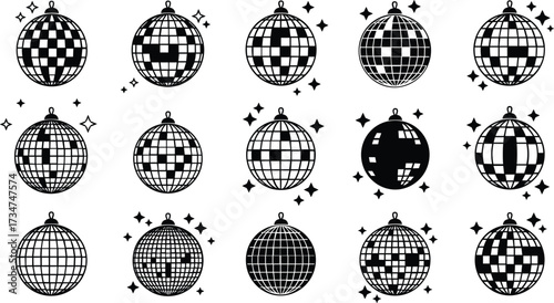 Disco Ball Icons with Sparkles on White Background untitled illustration