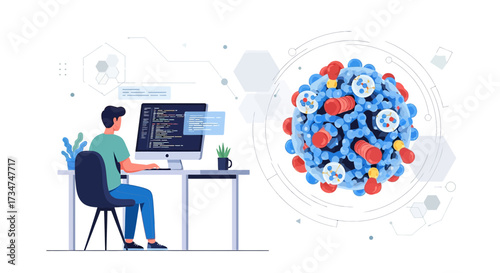 Illustrative representation of scientist programmer working on virus simulation software