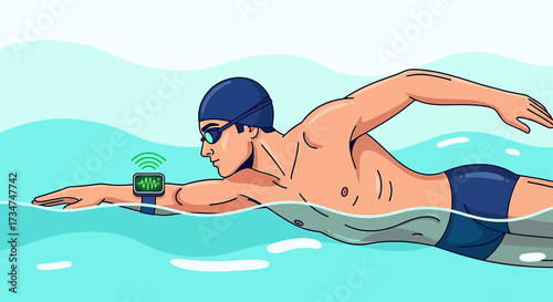 Illustrative swimmer with fitness tracker swimming in a pool showcasing technology integration for