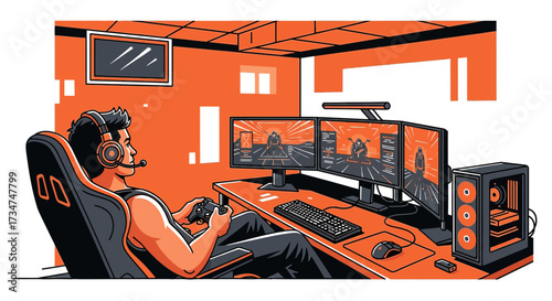 Immersive gaming experience: A young man engrossed in a video game at his sophisticated setup