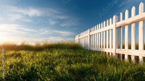 This image captures a peaceful landscape showcasing a white picket fence against a backdrop of lush green grass and a clear blue sky, highlighting tranquility and nature.