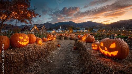   A field full of hay bales, featuring pumpkin faces carved into each Jack O'Lantern