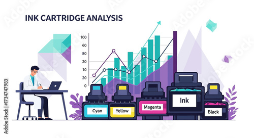 Ink cartridge analysis illustration with data representation and working professional depiction