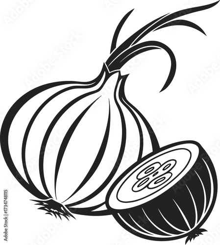 Monochromatic Onion Vector Illustration Whole Bulb and Sliced Cross Section with Core Detail, Black and White Garlic or Onion Symbol Kitchen Ingredient Line Art Graphic