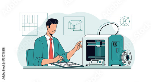 Man designing 3D printed prototypes using a tablet and specialized software application for