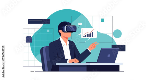Man experiencing immersive data visualization using virtual reality technology in business analysis