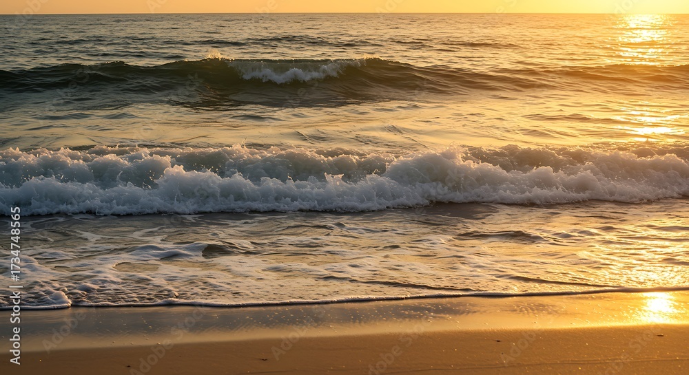 Obraz premium Golden sunlight illuminates ocean waves and sandy beach at dusk