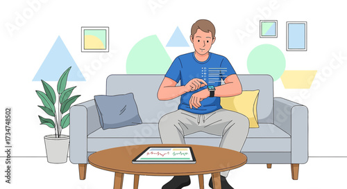Man using smartwatch on sofa showcasing modern lifestyle and digital technology connection
