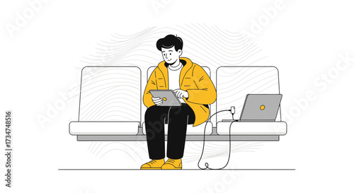 Man using tablet and laptop while waiting in a modern departure lounge illustration