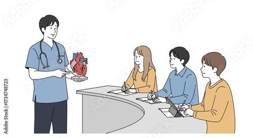 Medical Lecture: Doctor explaining the anatomy of the human heart to students attentively