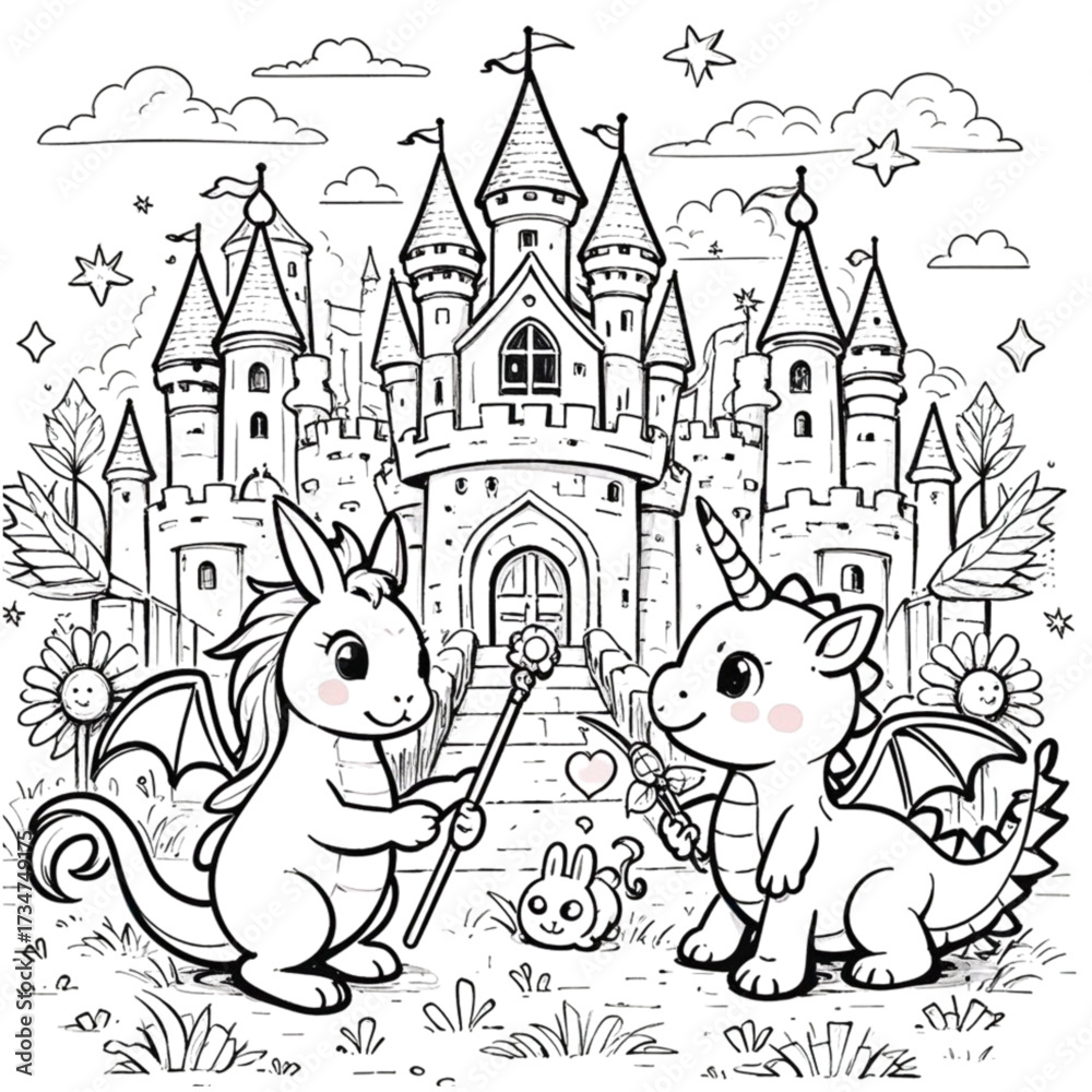 Naklejka premium cute fantasy coloring book vector image illustration