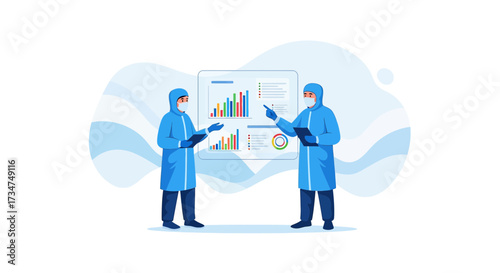 Medical professionals reviewing data in protective suits, illustrating health analysis and