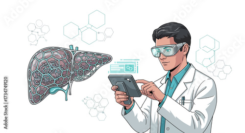 Medical professional using technology for liver analysis and treatment research representation