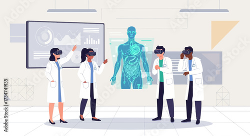 Medical professionals utilizing virtual reality for human anatomy study and diagnostics innovation