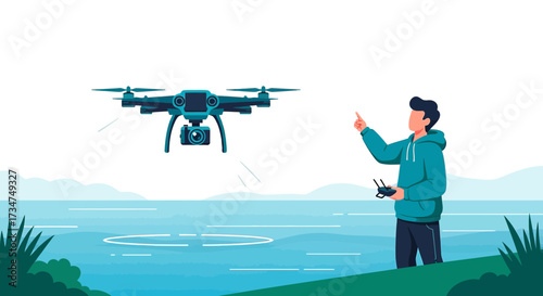 Modern vector illustration featuring a man controlling a drone over scenic landscape near water