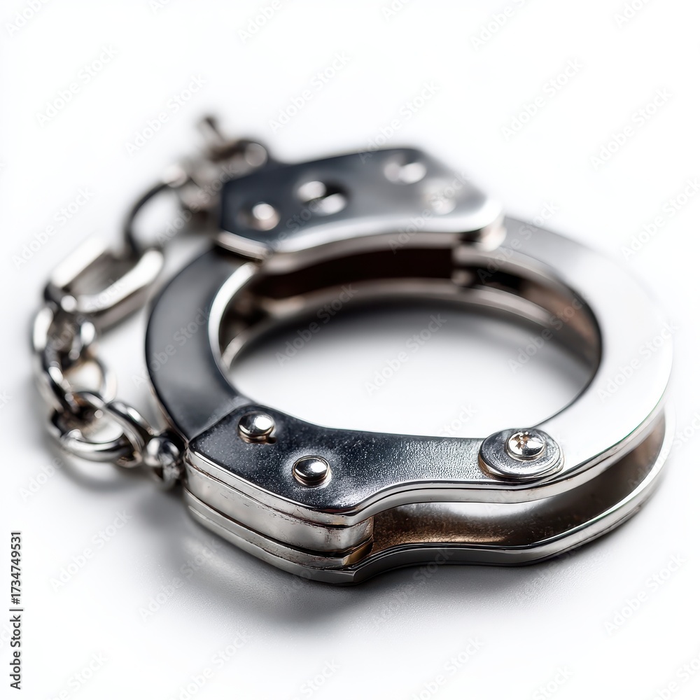 Obraz premium Close-up of Shiny Metal Handcuffs on White Background, Law Enforcement