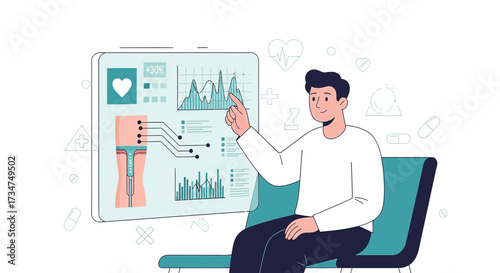 Person analyzing healthcare data and medical technology for patient monitoring on screen