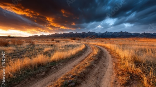 A picturesque winding path surrounded by golden grass under a vibrant sunset, evoking a sense of adventure, tranquility, and the beauty found in nature's moments.
