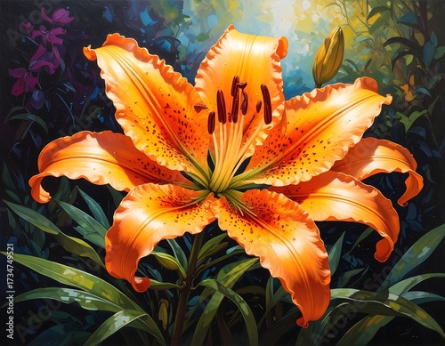 A vibrant orange-and-brown tiger lily, detailed and luminous, commands attention in a rich, dark garden setting.