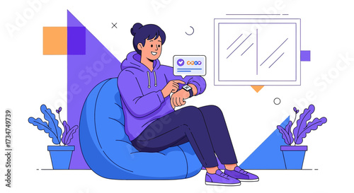 Relaxed woman checking notifications on smartwatch while sitting on a beanbag at home