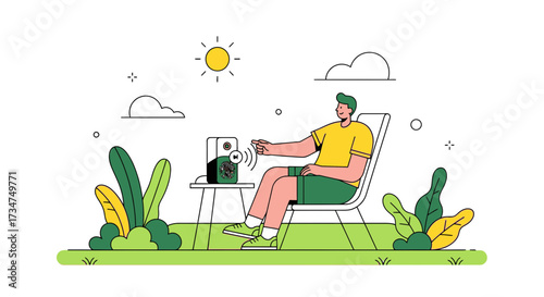Relaxing outdoors with music on a sunny day minimalist vector illustration enjoying life
