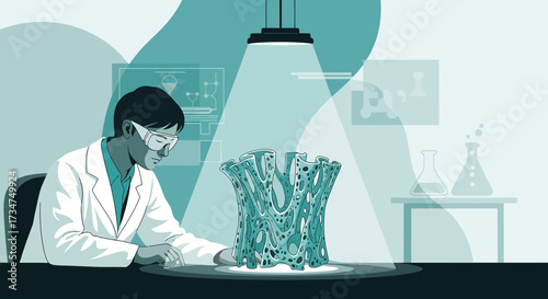 Scientist analyzing 3D printed biological sample in a laboratory environment illustration