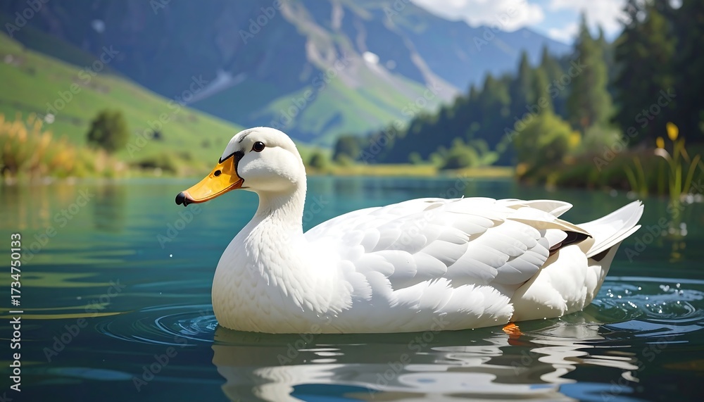 Obraz premium A serene white duck gracefully glides across a tranquil mountain lake, showcasing the picturesque beauty of the surrounding alpine landscape.
