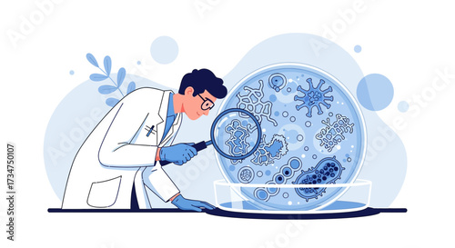 Scientist analyzing microorganisms in a petri dish with a magnifying glass illustration