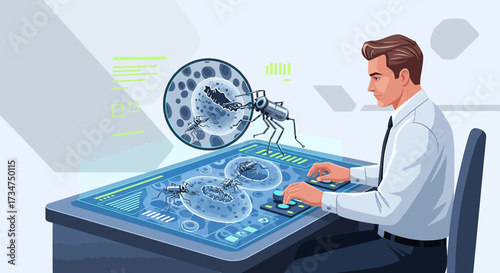Scientist analyzing insects attacking cells on a digital interactive display screen laboratory