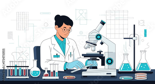 Scientist conducting research in laboratory, analyzing samples with microscope meticulously