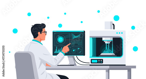 Scientist operating a 3D printer with advanced software interface in a laboratory environment