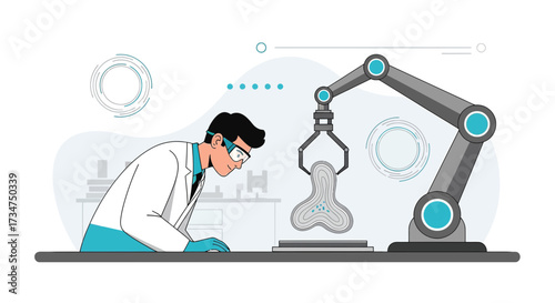 Scientist overseeing robotic arm manufacturing a custom implant in a modern lab environment